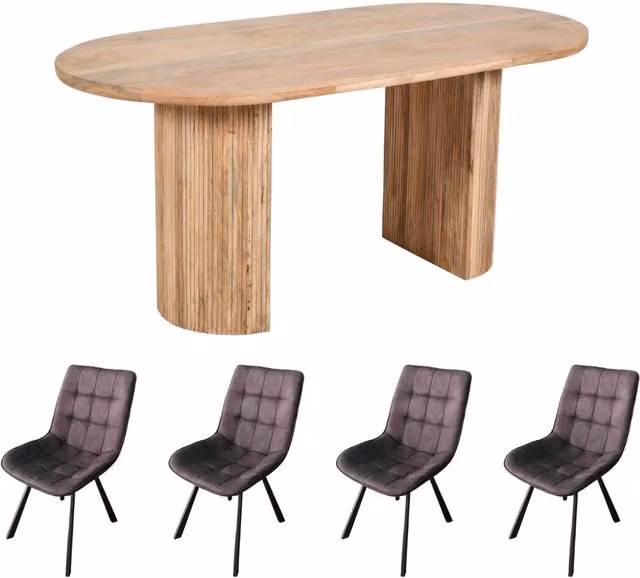 IH Design Industrial Mango Wood Oval Dining Table and 6 Chairs Set in Brown and Black