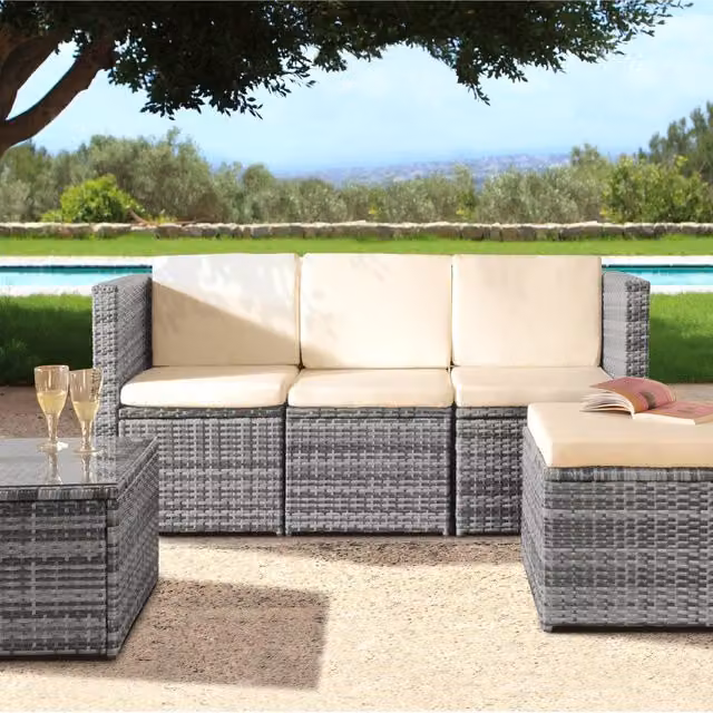 Comfy Living 3-Piece Modern Grey Rattan Garden Patio Furniture Set with Metal and Glass Details