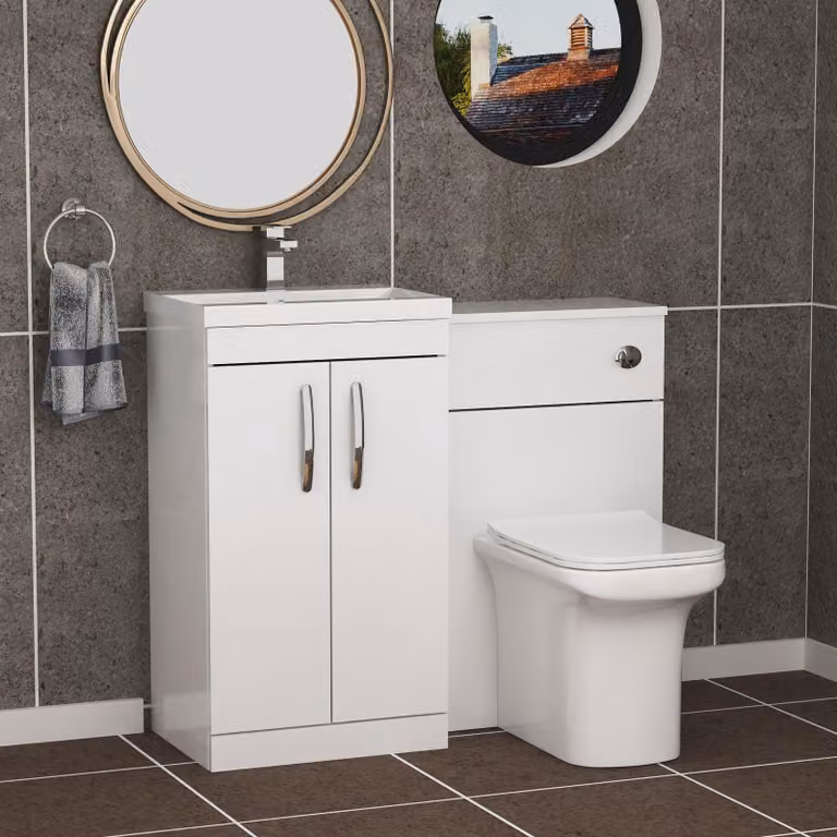 Royal Bathrooms Turin 1000mm Gloss White 2-Door Mid-Edge Basin and Crosby Back to Wall Toilet Pack