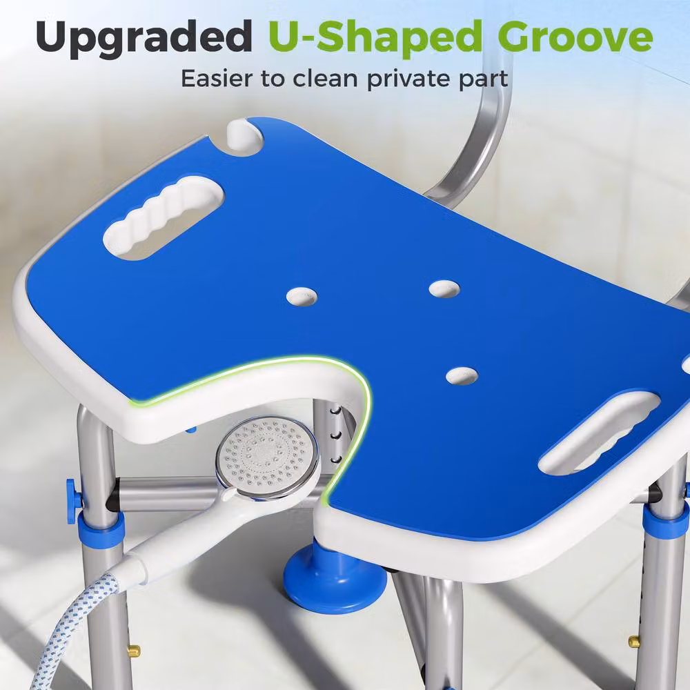 HOMCOM Height Adjustable Shower Chair with U-Shaped Cutout in Blue – 3