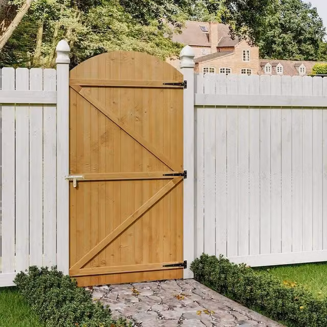 FLAVORA Arched Wooden Garden Pedestrian Single Swing Gate in Brown, W: 90 cm, H: 210 cm – 1