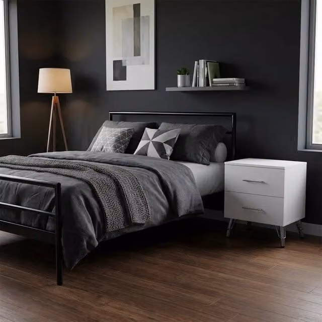 FWStyle Matt White 2 Drawer Bedside Chest with Polished Metal Handles and Legs