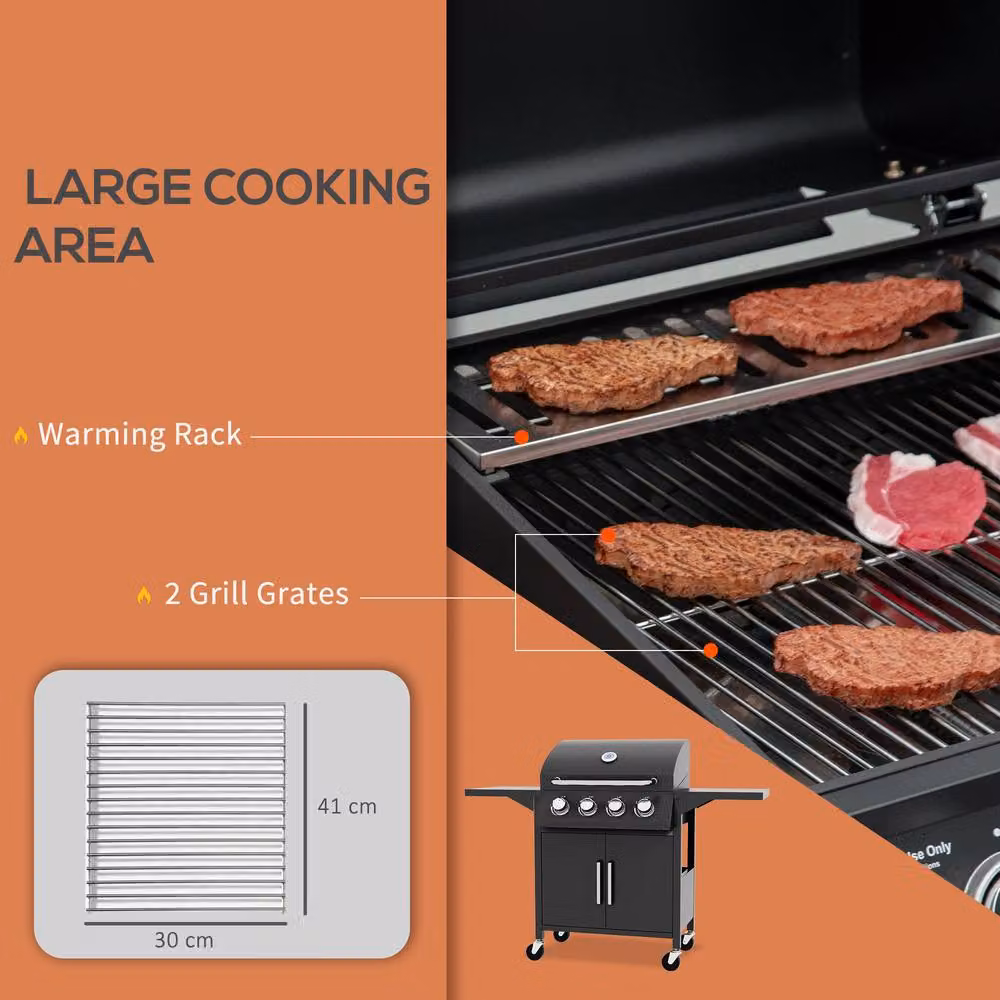 Rolipo 4 Burner Gas BBQ Grill Trolley with Cabinet and Thermometer in Black – 5