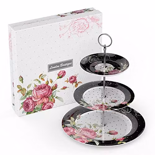 London Boutique 3 Tier Floral New Bone China Cake Stand, Black