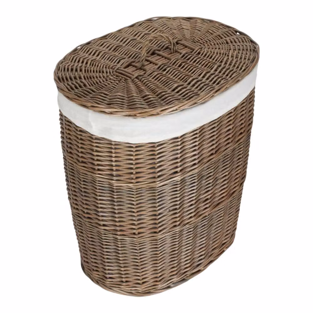 Red Hamper Antique Wash White Cotton Lined Oval Willow Laundry Basket in Brown – 2