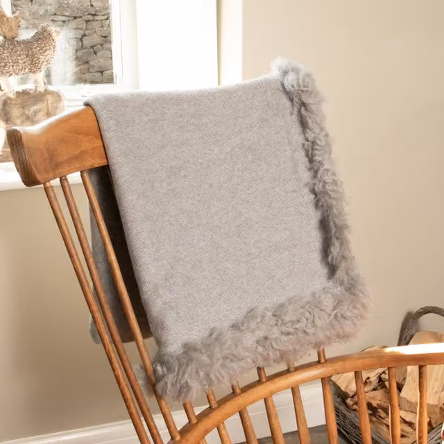 Native Natural Woven Wool Blanket with Sheepskin Trim in Grey and Beige