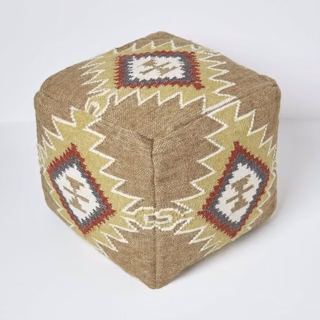 Homescapes Jaipur Brown Orange Kilim Handwoven Beanbag Pouffe Footstool in Multicolour Cotton and Wool