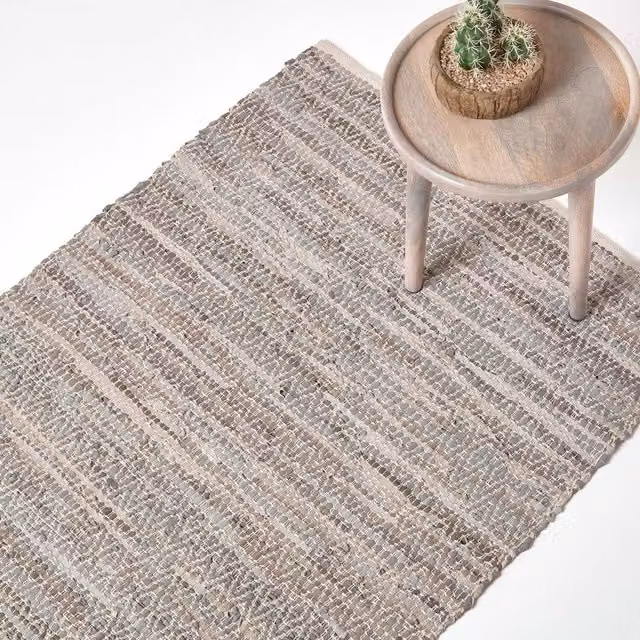 Homescapes Grey Real Leather Handwoven Diamond Pattern Rectangular Rug, Width: 150 cm