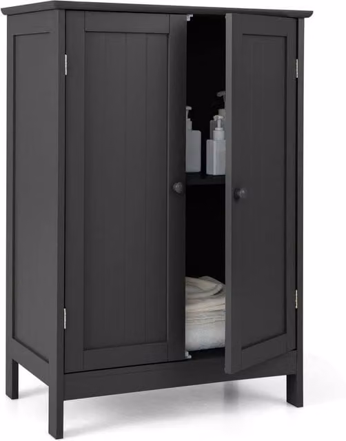 Costway Black Wooden Freestanding Bathroom Floor Cabinet with Hinged Doors and Adjustable Internal Shelves
