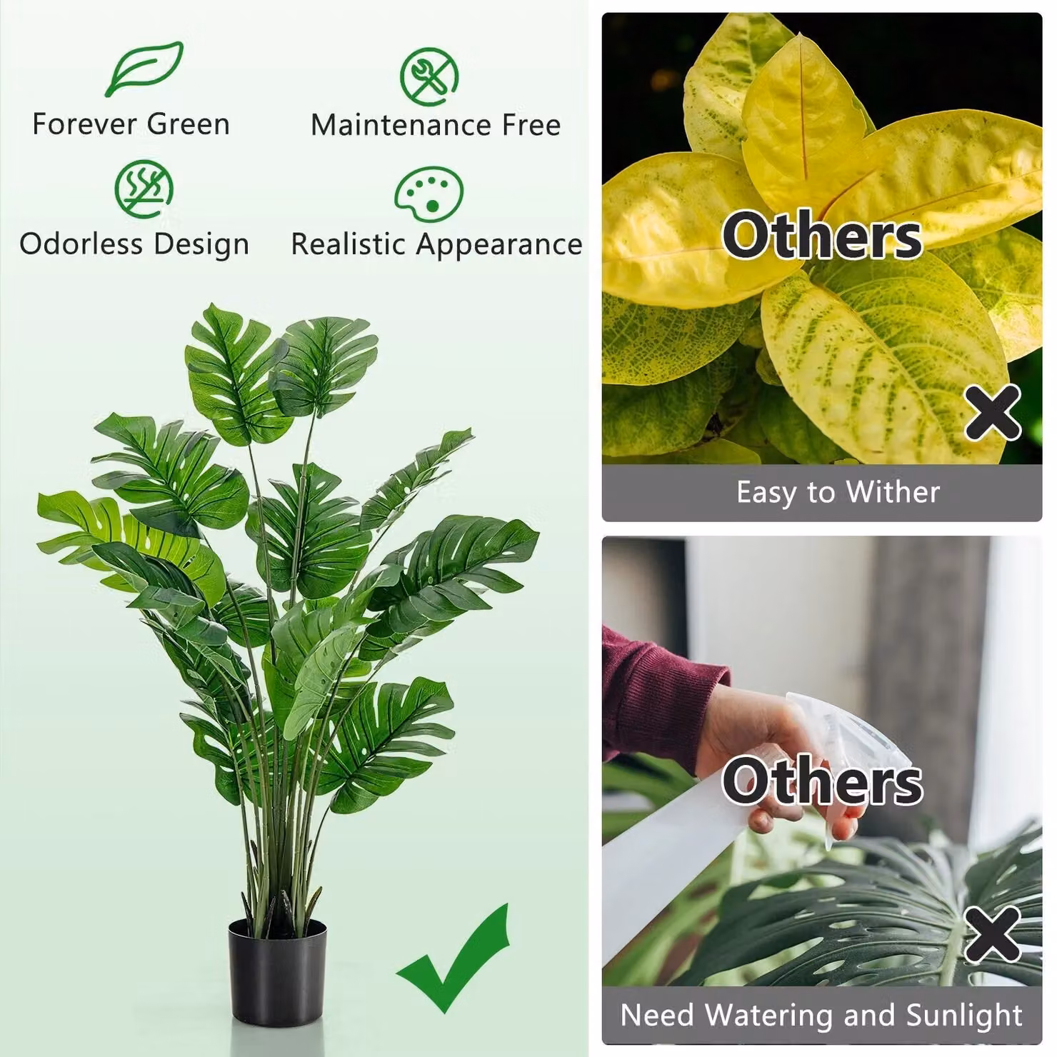 Costway Set of 2 Artificial Monstera Deliciosa Plants with Concrete Pots in Green – 3