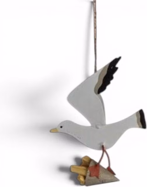 Shoeless Joe Seagull with Cone of Chips Maritime Novelty Hanging Decoration in Grey, Black and Yellow