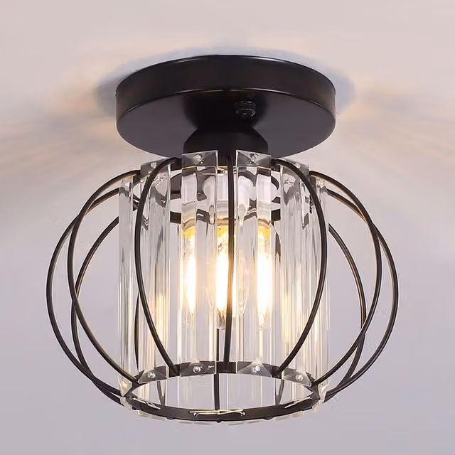 Livingandhome Black Metal Lantern Shape Single-Light Pendant Light with Crystal Details