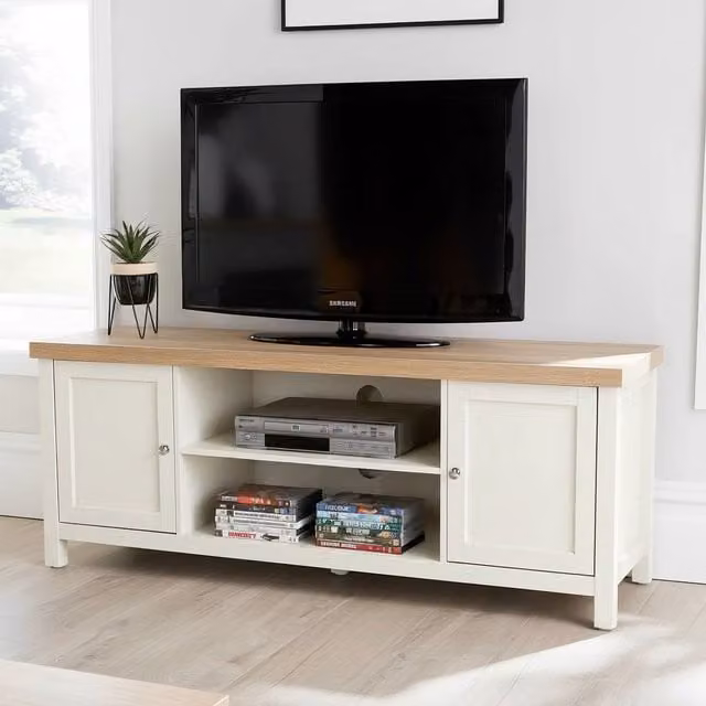 Avon Modern 2 Door TV Stand Storage Unit with 36mm Oak Effect Top in White