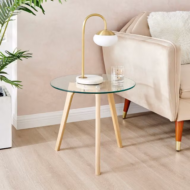 FurnitureboxUK Malmo Round Glass and Beech Wood Side Table, Diameter: 50 cm