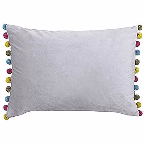 Paoletti Fiesta Rectangular Filled Cushion in Silver-Bamboo Green with Pompom Edges, Faux Velvet Polyester Fabric, W/H: 50 x 35 cm