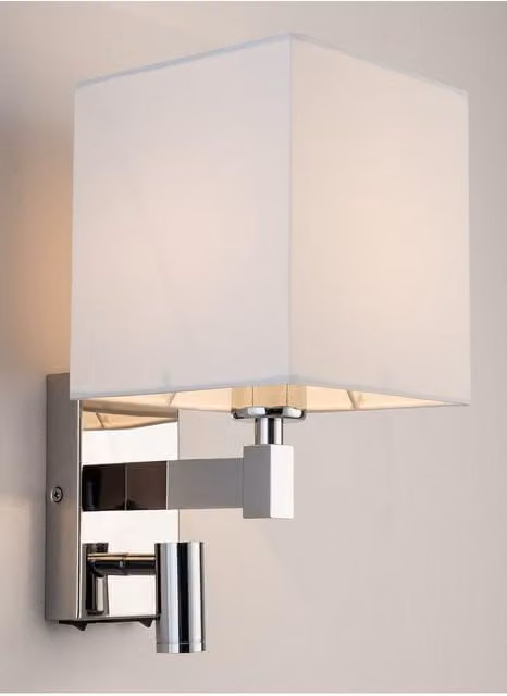 Harper Living Polished Chrome Wall Light with Adjustable LED Reading Light, USB and USB-C Charging Ports, Square White Fabric Shade