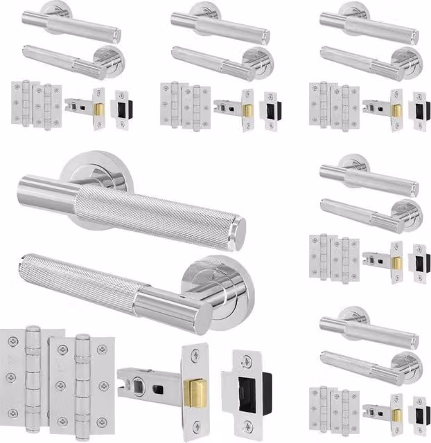 AFIT Polished Chrome Rose Latch Door Handle Kit with 6 Pairs of Knurled Silver Hinges – 1