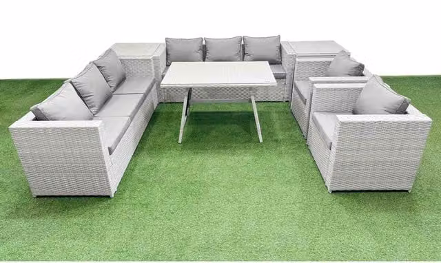 Fimous 8-Seater PE Rattan Garden Sofa and Dining Set in Light Grey with Dark Grey Fabric