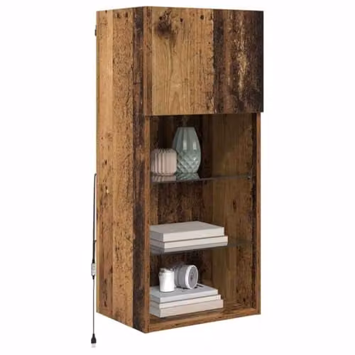 vidaXL Wall-mounted Modern TV Cabinet in Brown with Glass Doors and Integrated Lighting, W/D/H: 40.5 x 30 x 90 cm – 1