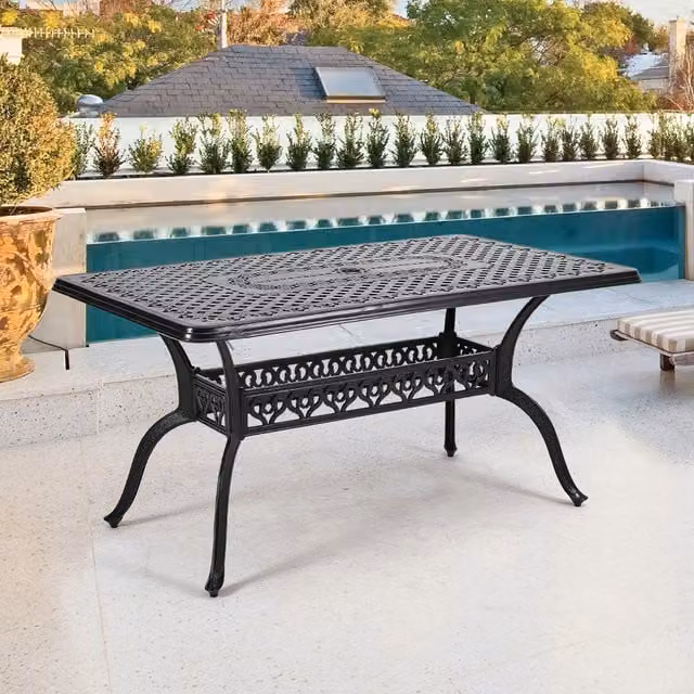 Livingandhome Black Cast Aluminium Rectangular Outdoor Patio Table with Umbrella Hole