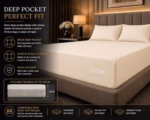Night Zone Double Fitted Bed Sheet, Beige, 180 Thread Count Percale Cotton Rich, Non-Iron, W/D/H: 140 x 200 x 25 cm – 2