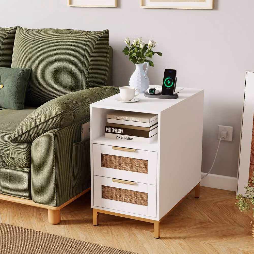 Gymax Narrow Rattan Side Table with Charging Station and 2 Drawers in White – 3