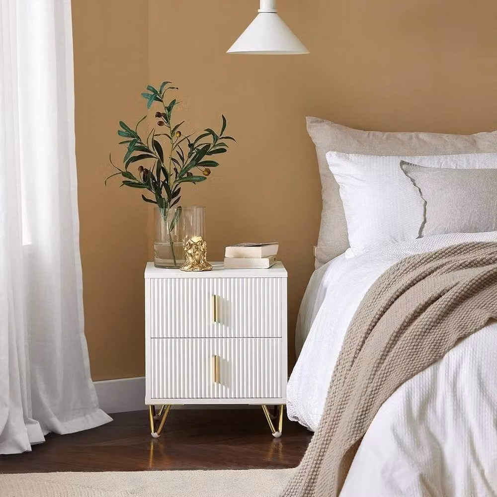 SPETLEK Modern White and Gold Bedside Table with 2 Drawers, W/D/H: 40 x 40 x 49 cm – 4
