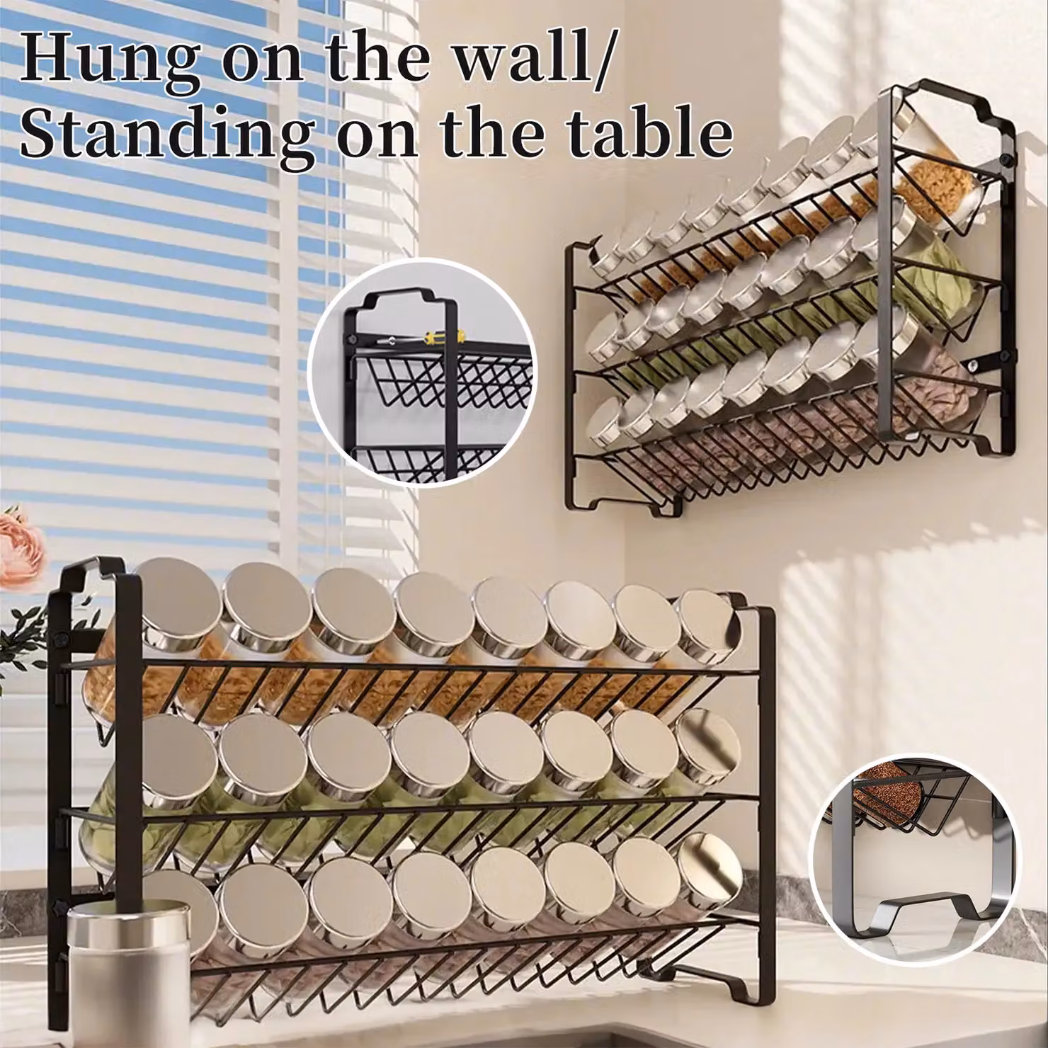 Xample 2 Tier Metal Spice and Herb Jar Rack Free Standing Kitchen Storage Organiser in Black – 2