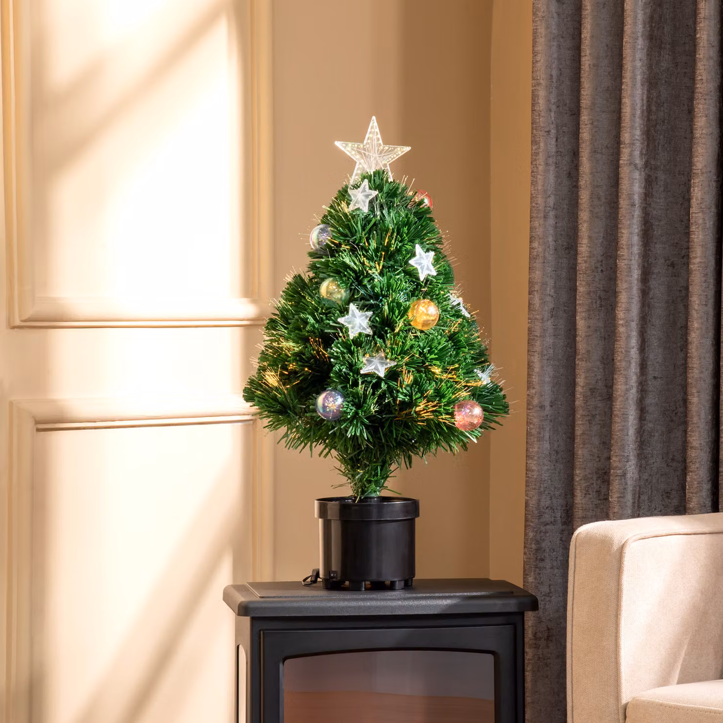 HOMCOM 2ft Pre-lit Multicoloured Fibre Optic Artificial Christmas Tree with LED Lights, Green – 2