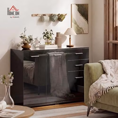 HOMCOM Modern High Gloss Black Sideboard Storage Cabinet – 2