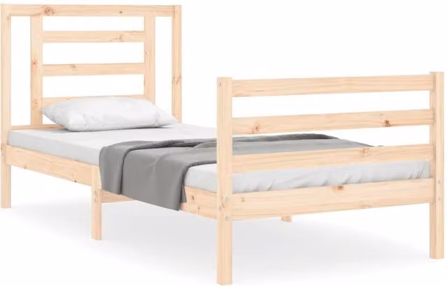 Berkfield Home Solid Wood Bed Frame with Headboard in Beige, W/D/H: 90 x 200 cm – 1