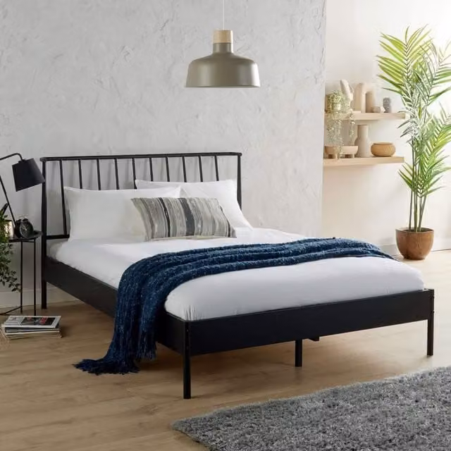 Home Source Modern Black Metal Frame Bed with Headboard, W/D/H: 180 x 200 cm
