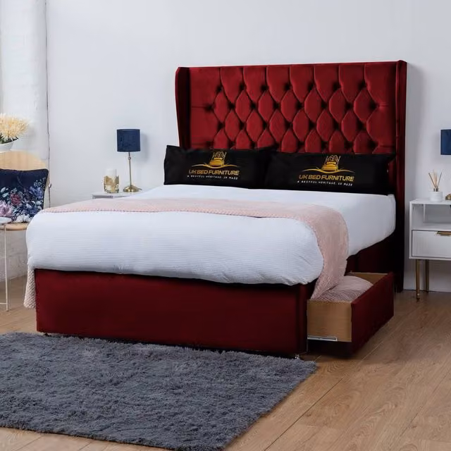 UK Bed Furniture Mary Wingback Divan Bed with 2 Drawers and 54 Inch Headboard in Red Velvet, Double, W/D/H: 140 x 200 cm – 1