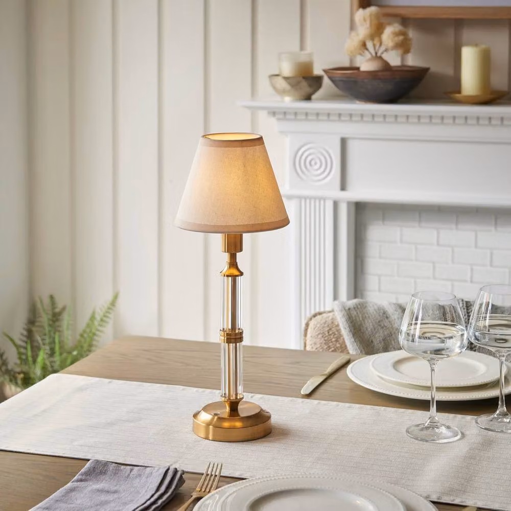 Netlighting Morton Rechargeable Table Lamp with White Fabric Shade and Brass Base – 2