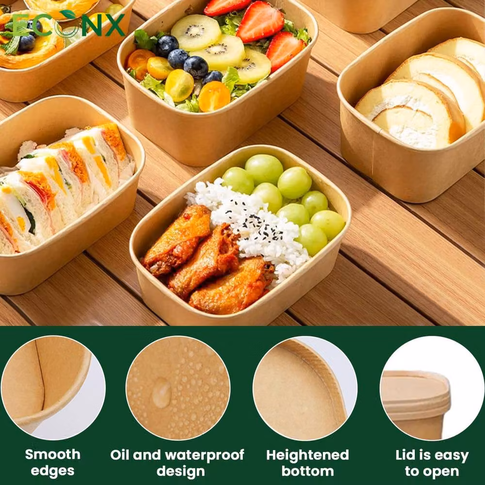 ECONX Brown Kraft Rectangular Takeaway Food Containers, 650ml, 50 Pack – 3