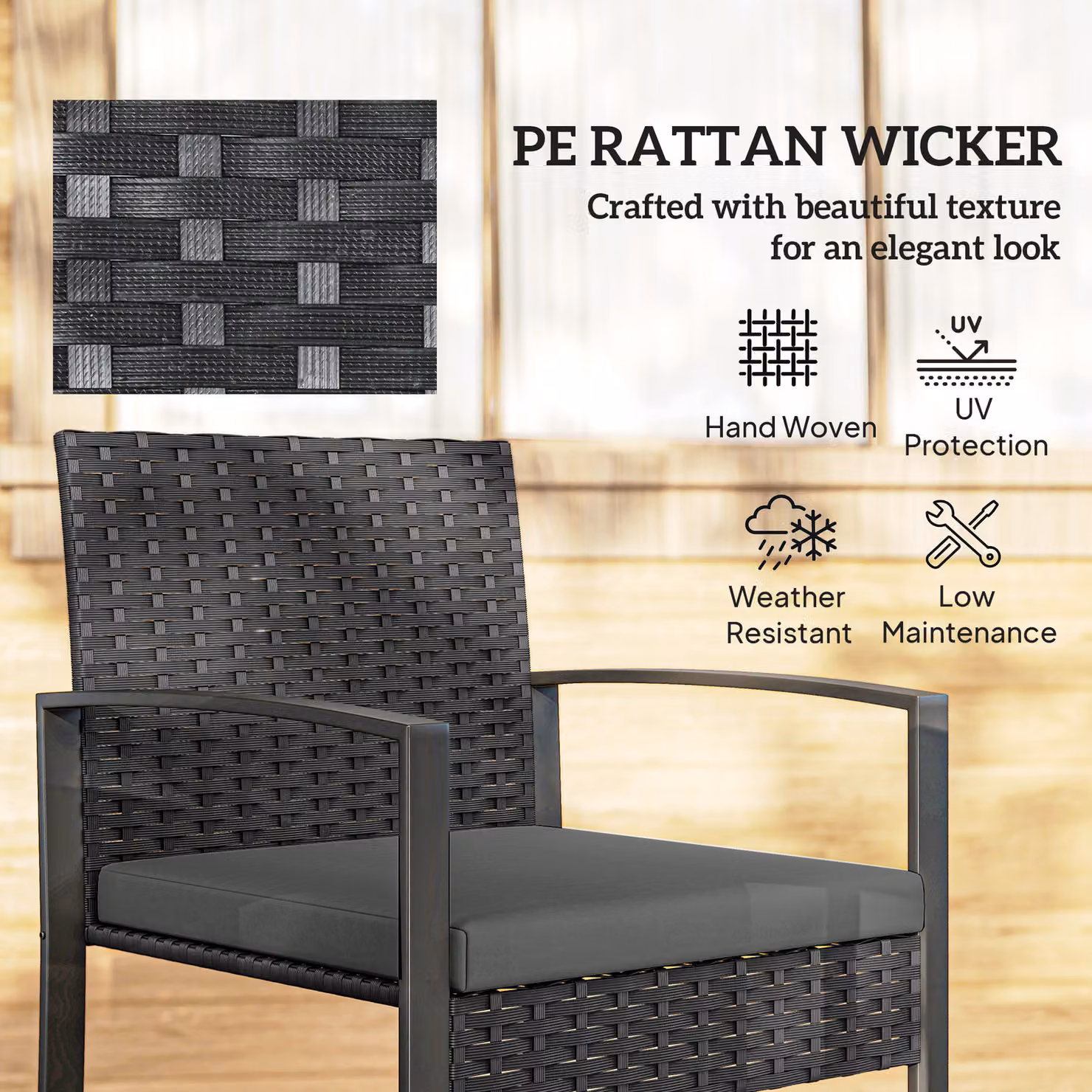 Outsunny 3 Piece Rattan Bistro Set with Glass Top Table and Cushions in Grey – 5