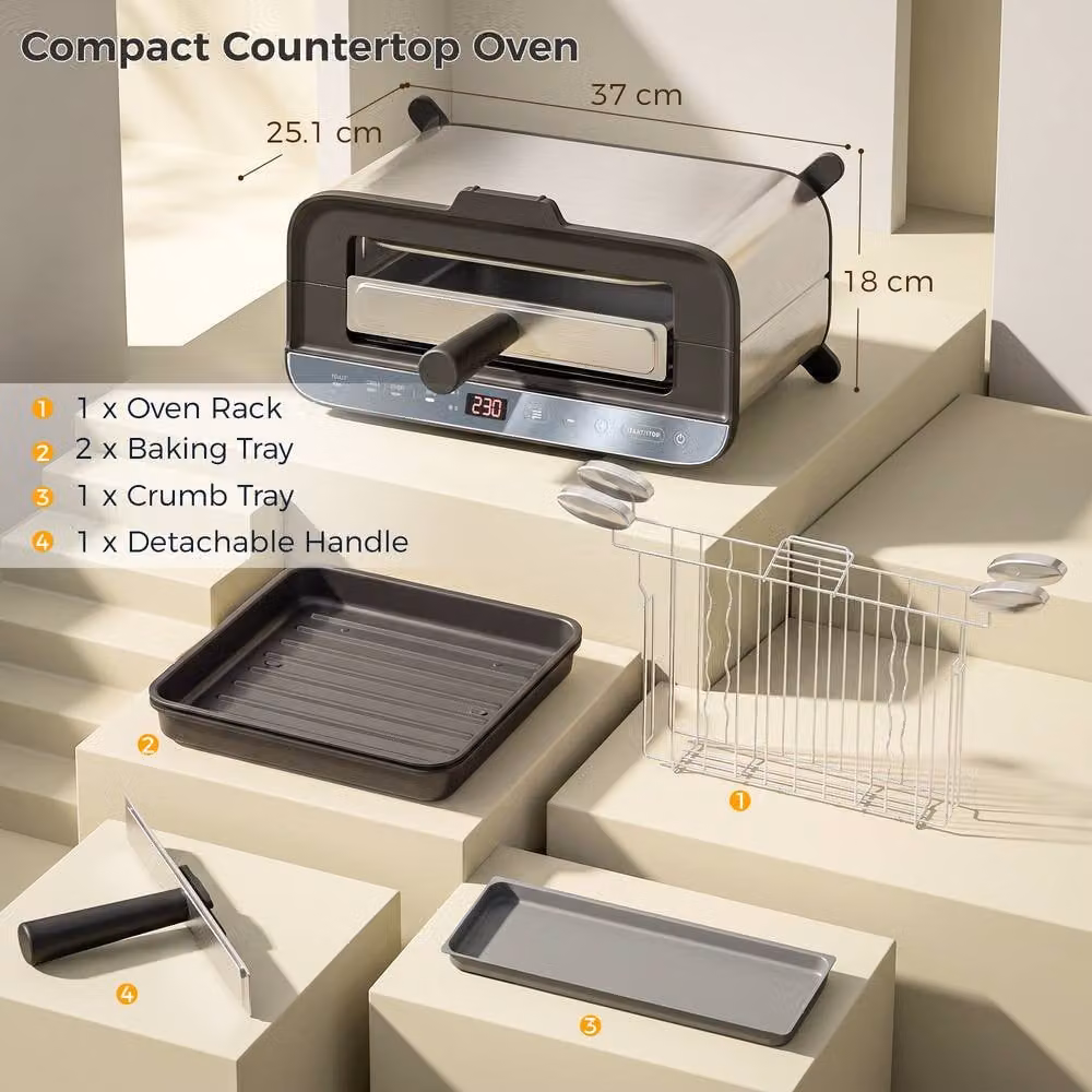 HOMCOM 3-in-1 Electric Mini Oven, Long Slot Toaster and Tabletop Grill with Digital Display in Silver Stainless Steel – 3