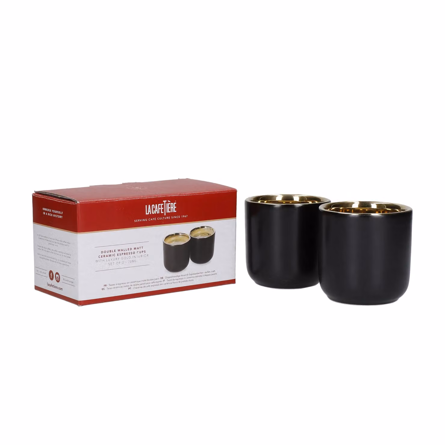 La Cafetiere Set of 2 Black and Gold Double Walled Ceramic Espresso Coffee Mugs, 70ml – 6