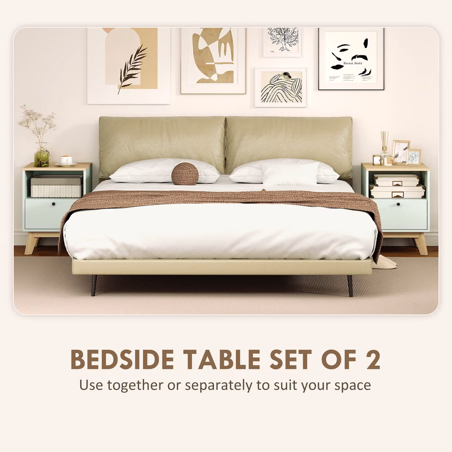 HOMCOM Modern Nightstand Set of 2 with Drawer and Open Shelf in Light Green and Black – 2