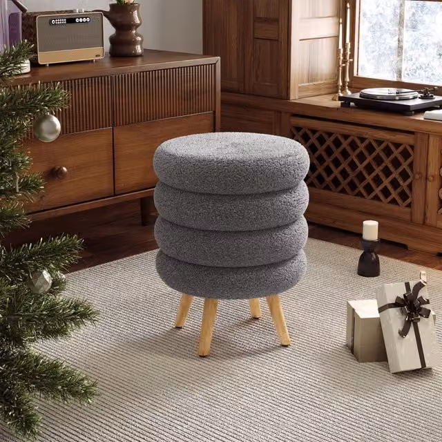 Livingandhome Teddy Bear Fur Cylindrical Footstool with Wooden Legs in Grey