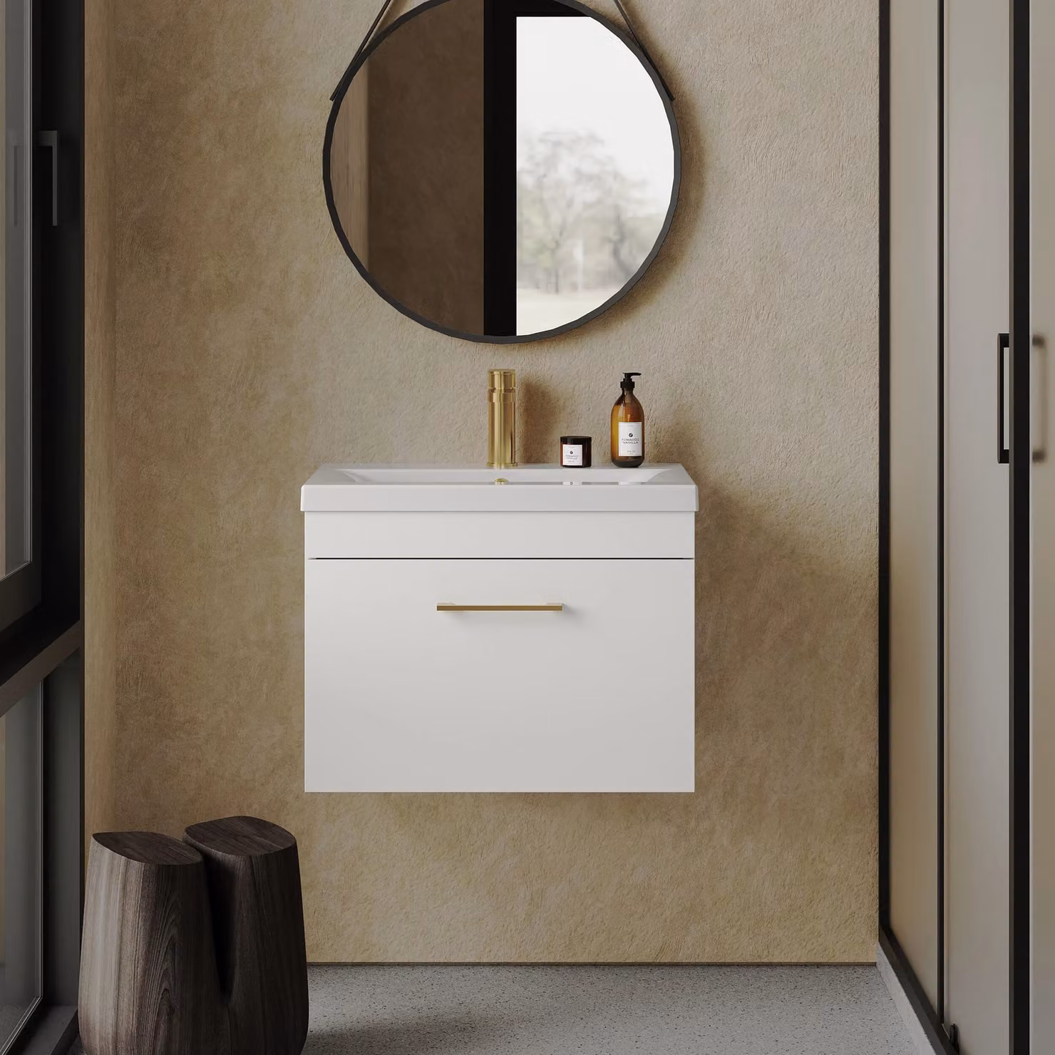 Balterley White Wall Hung 1 Drawer Vanity Basin Unit with Brushed Brass Handle, Width: 60 cm – 2