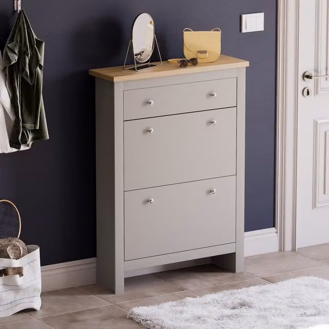 Vida Designs Arlington Modern Grey Wood Shoe Cabinet with Tilting Compartments and Internal Drawers
