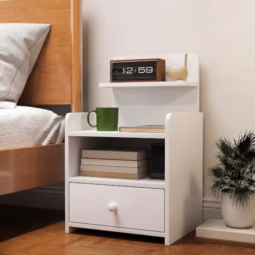 HOMCOM White Bedside Cabinet with Drawer and Shelf for Bedroom or Living Room – 6