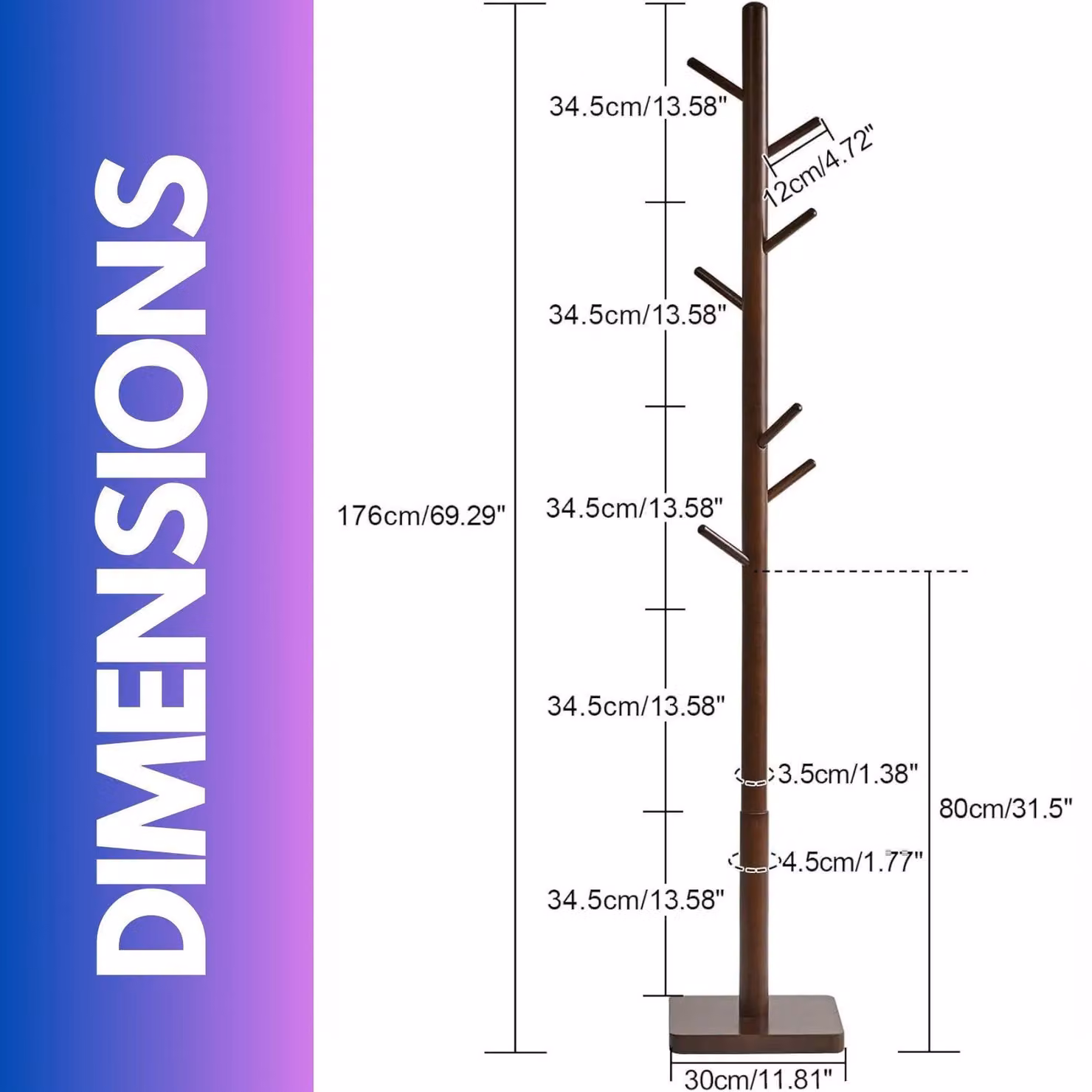FURNOS Wooden Coat Stand with 8 Hooks and Square Base, Brown, H 176 x W 29 x D 29 cm – 2
