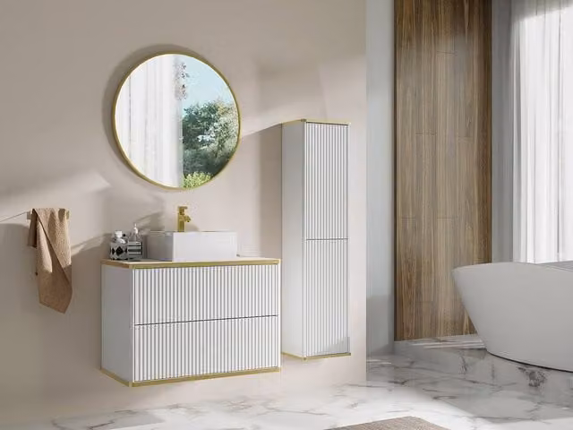 Vente-unique Striped Wall-Hung Bathroom Vanity Unit with Square Countertop Basin in White and Gold, W/D/H: 80 x 47 x 54 cm