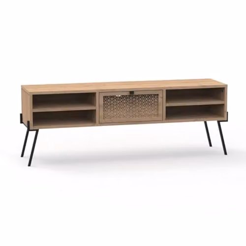 CALICOSY Evan Modern TV Stand with 1 Door, 4 Shelves and Metal Legs in Brown and Black – 3