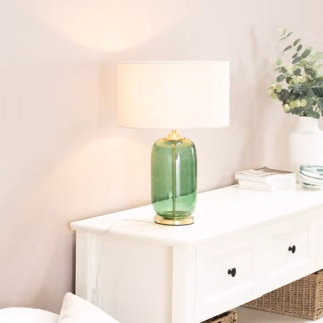 ValueLights Leigh Table Lamp with Forest Green Glass, Gold Trim and Beige Fabric Drum Shade