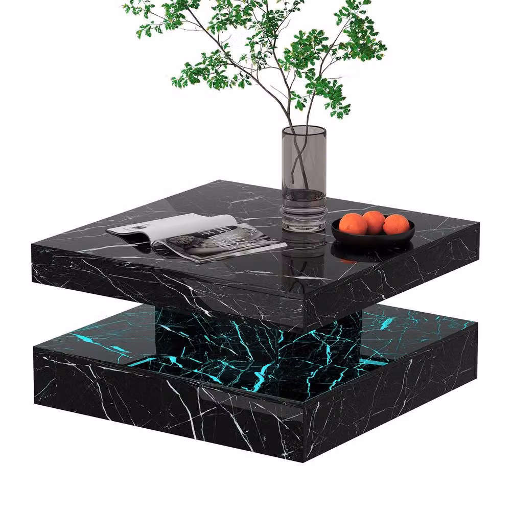 KEEPREAPER Modern Square Coffee Table with Storage and LED Light in Black Marble Finish – 9