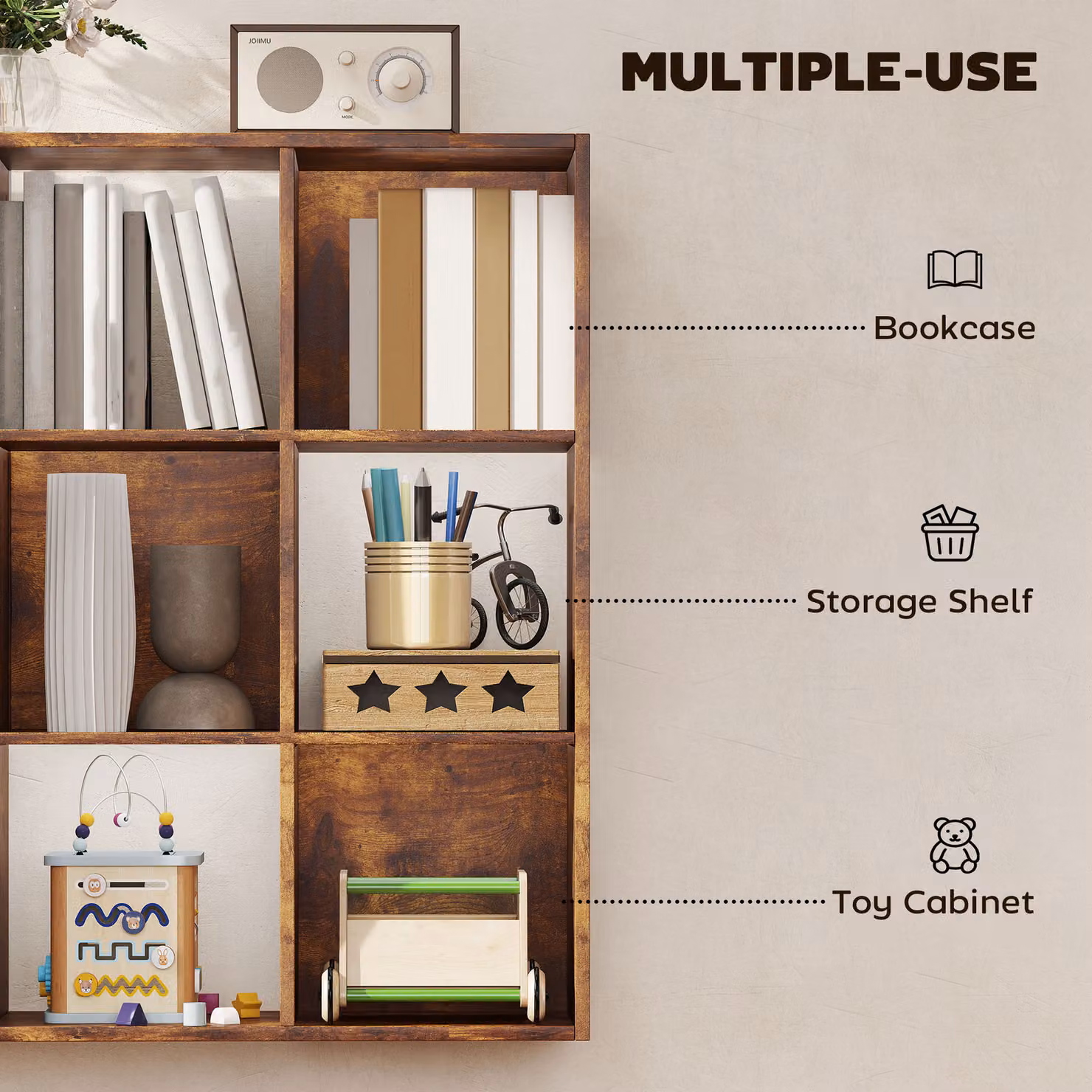 HOMCOM 3-tier 9 Cube Storage Unit and Bookcase Organiser in Rustic Brown – 5