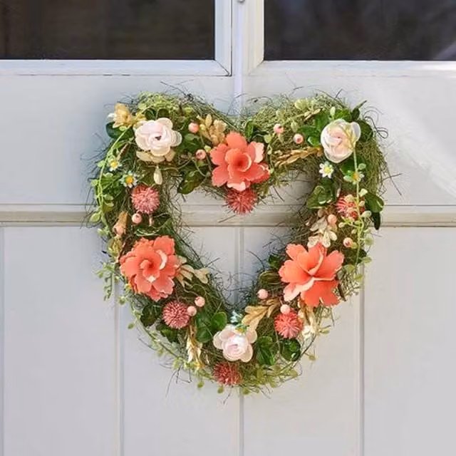 Garden Mile Shabby Chic Floral Heart Wreath in Green and Pink